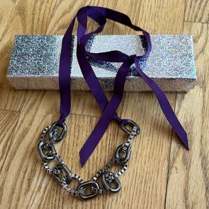 Purple Ribbon and Silver Chain Necklace